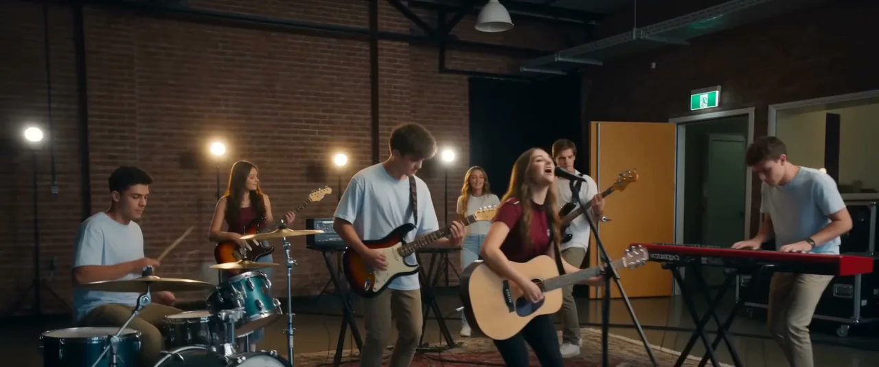 A student band locks into a final hit in the annex’s brick walled band room