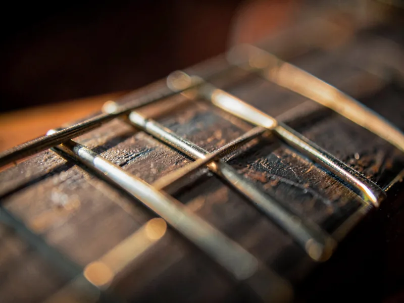 Macro of an acoustic guitar fretboard and strings in warm directional light
