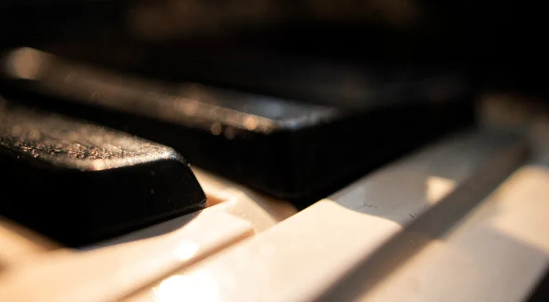Macro of piano keys catching warm side light, mid phrase