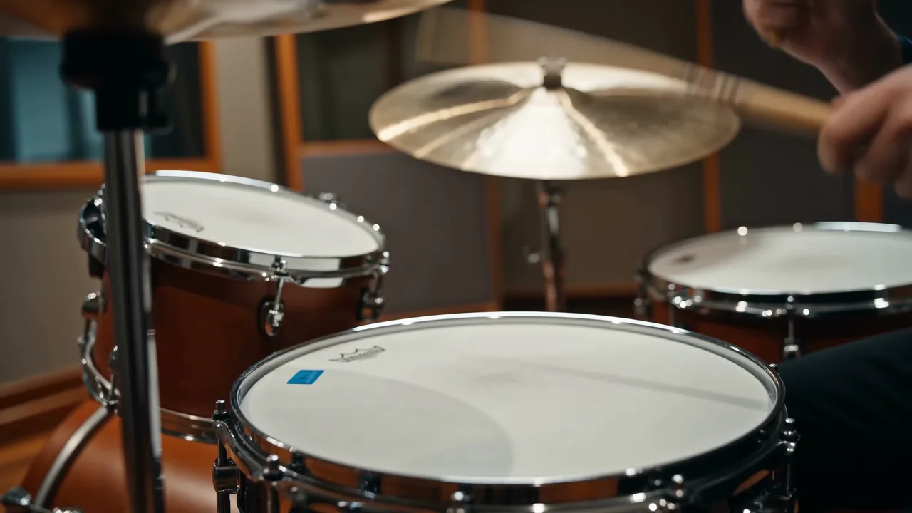 A stick lands on the snare of the drum room’s own kit, cymbal still responding