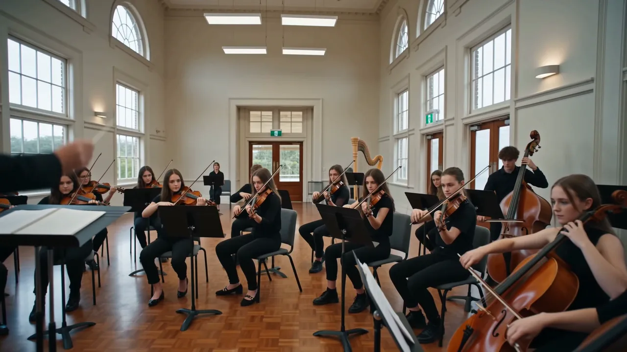 The twelve piece string ensemble rehearsing under the hall’s arched windows, the harp in the corner