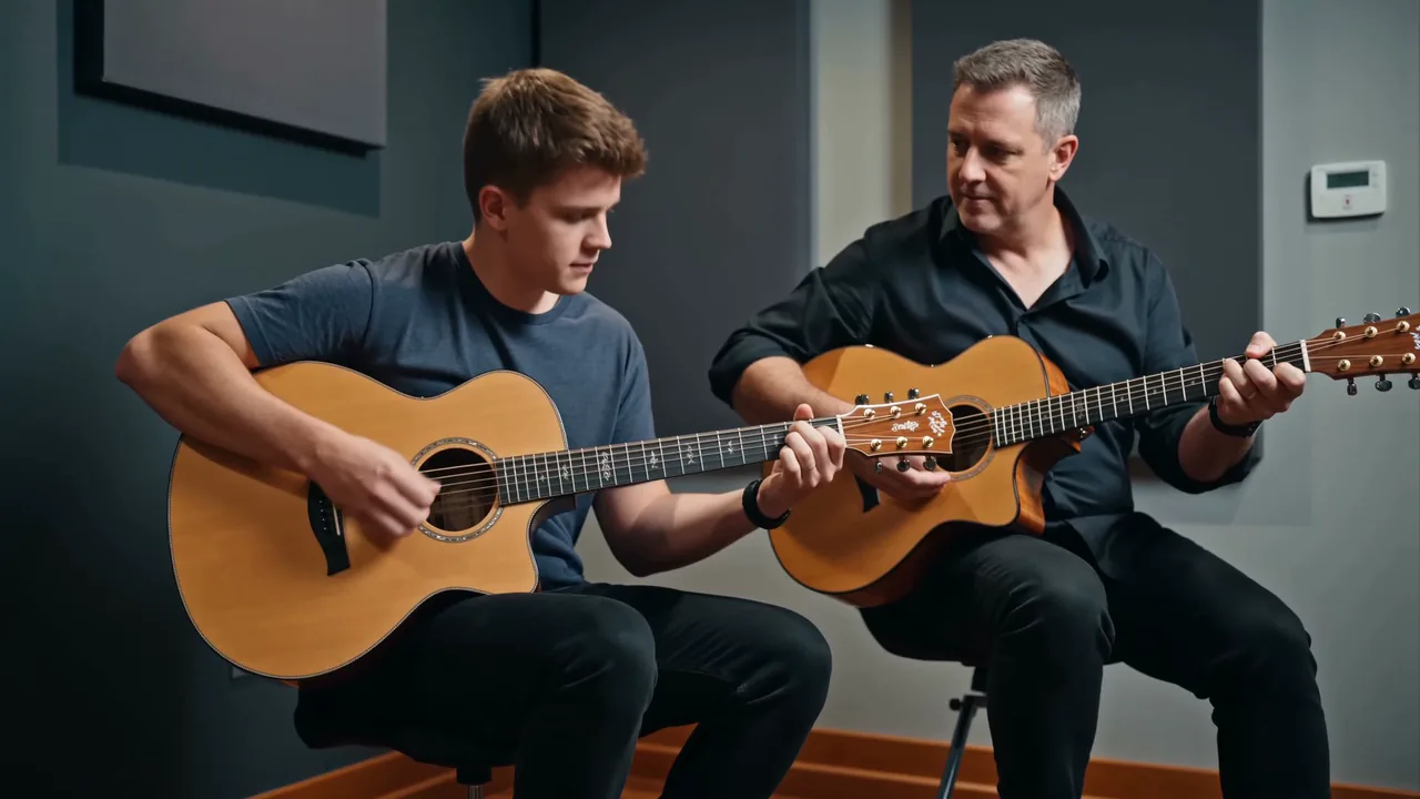 Marcus Webb shows a student a chord shape on a second guitar in the guitar room