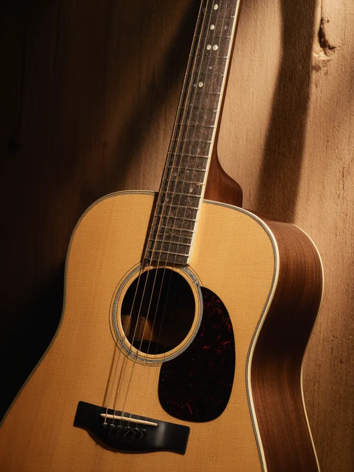 A full size acoustic guitar against a timber wall, warm directional light