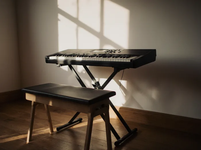 A 61 key beginner keyboard on a folding stand with a bench, warm window light