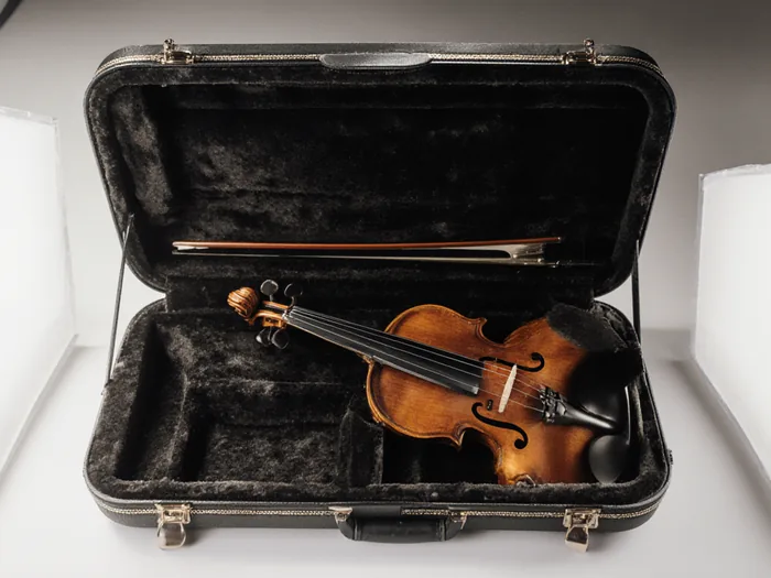 A fractional size student violin and bow in an open case with dark felt lining