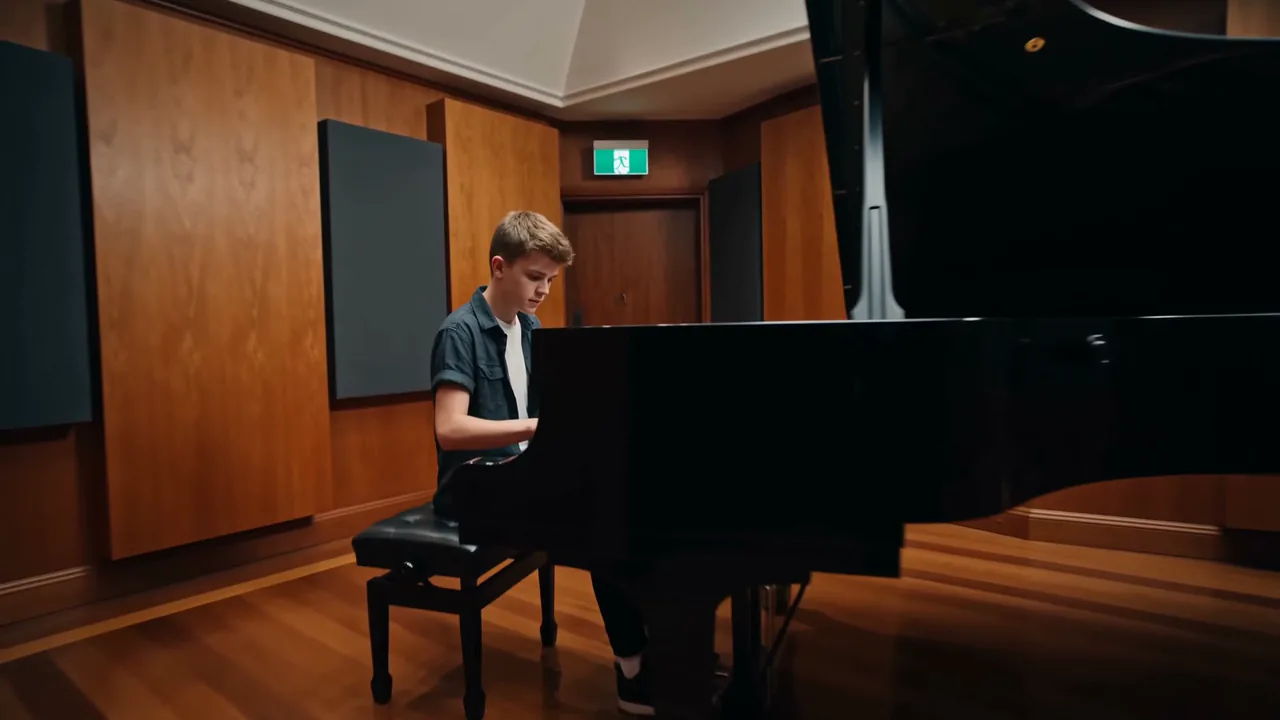 A student works through a piece on the piano room’s own grand piano, timber panelling behind