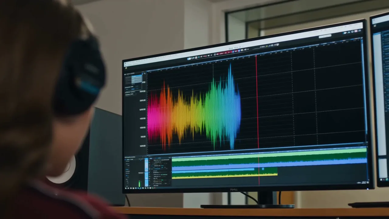 A student at the production suite’s mixing desk, a colourful waveform on the monitor