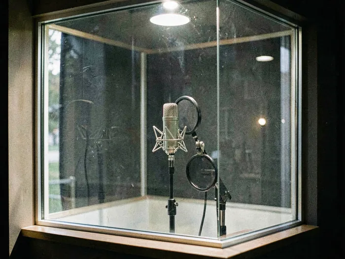 The glass walled vocal booth, empty, condenser microphone and pop filter in place