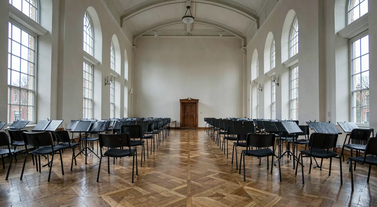 The ensemble hall, empty, arched windows down both sides and rows of chairs with music stands