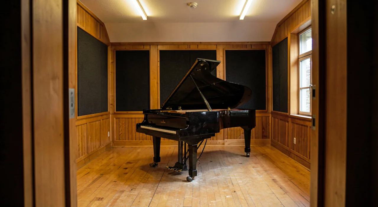 The piano room, empty, the grand piano and timber wall panelling in soft window light
