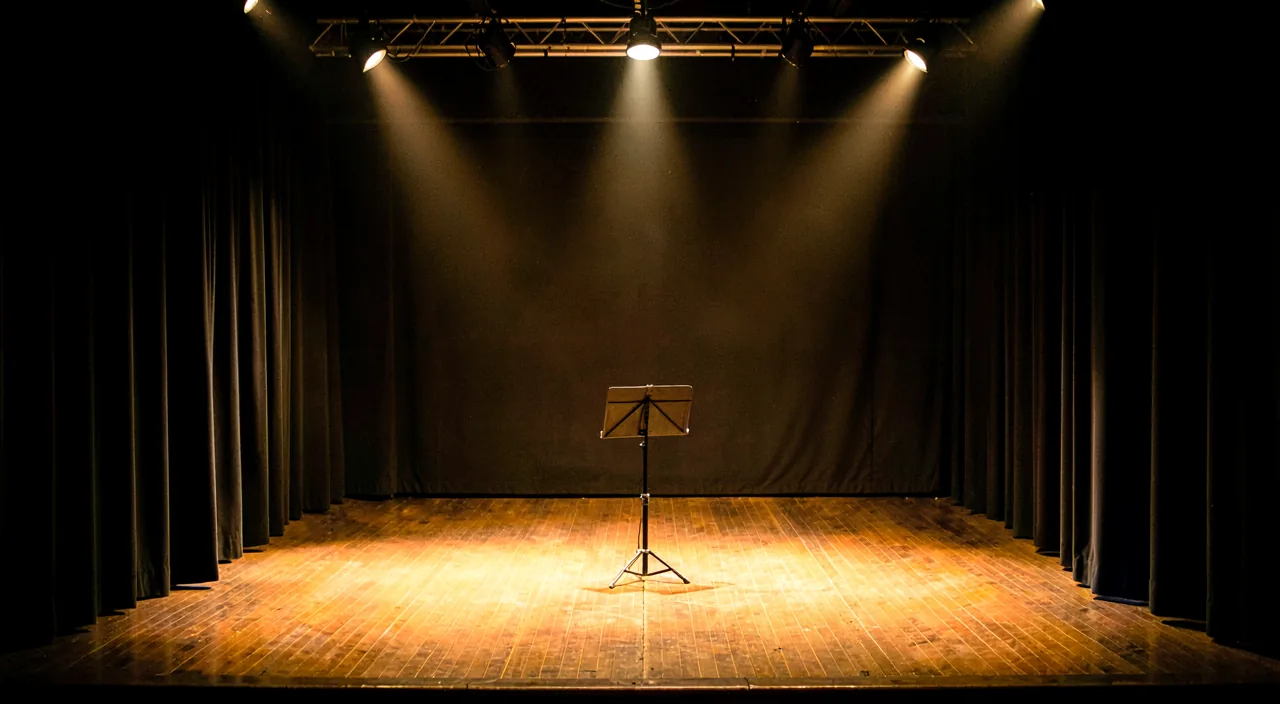 The recital stage, empty, a single music stand under warm spotlights