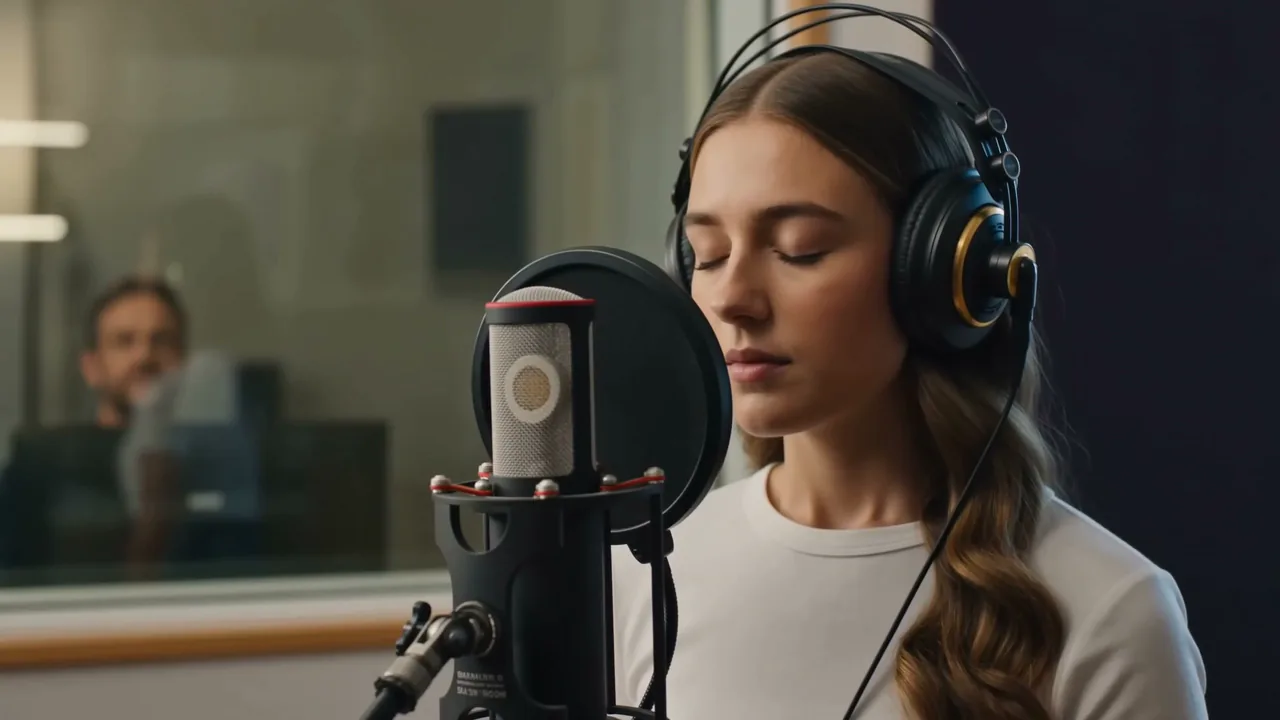 A student sings into the annex’s condenser microphone inside the glass walled vocal booth